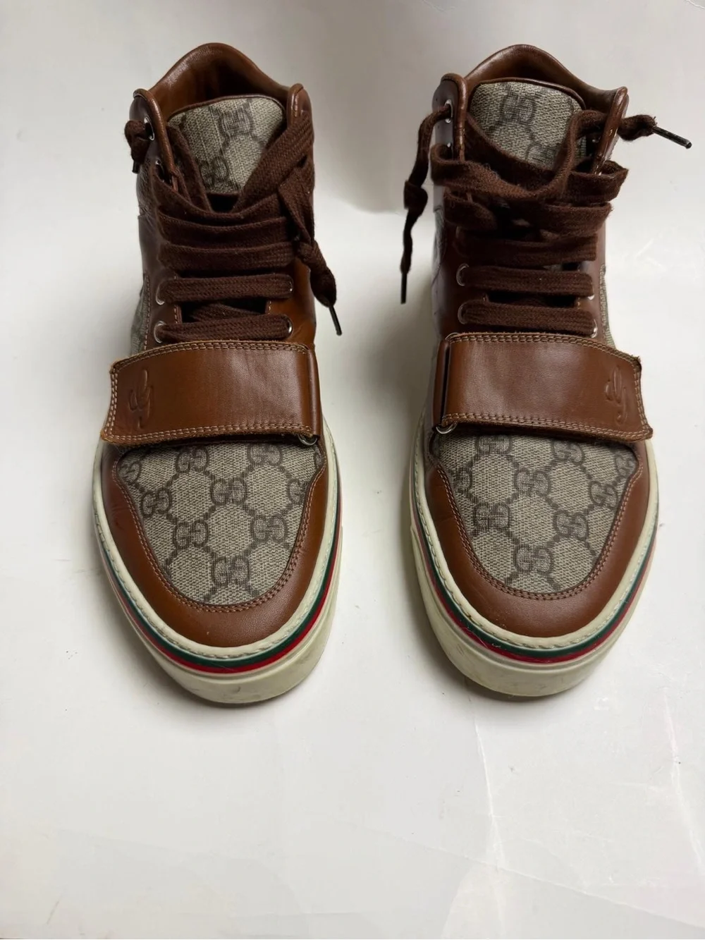 Gucci Brown Leather & GG Canvas High-Top Sneakers